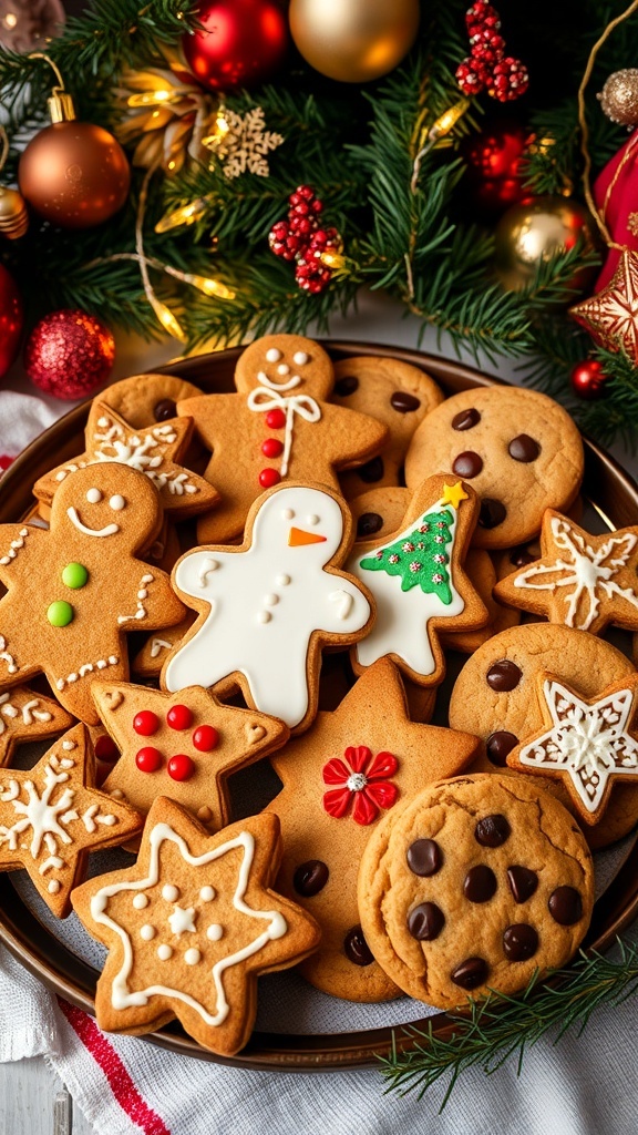A variety of Christmas cookies including gingerbread, sugar cookies, and chocolate chip cookies on a festive platter.
